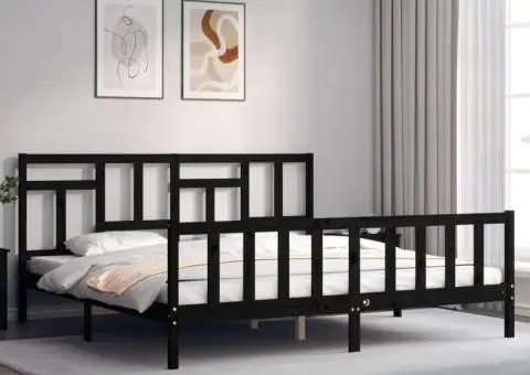 Cadru pat cu tăblie 200x200 cm, negru, lemn masiv - 3/5