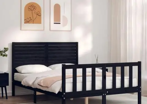 Cadru de pat cu tăblie, negru, 140x190 cm, lemn masiv - 1/5