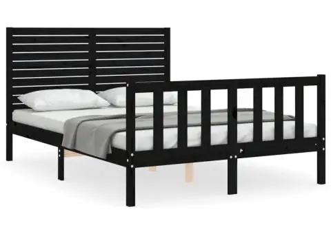 Cadru de pat cu tăblie, negru, 140x190 cm, lemn masiv - 2/5