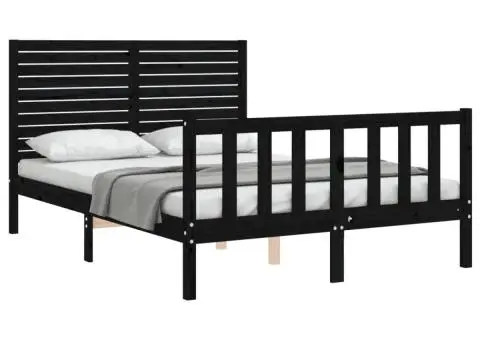 Cadru de pat cu tăblie, negru, 140x190 cm, lemn masiv - 4/5