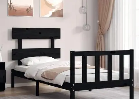 Cadru de pat cu tăblie Small Single, negru, lemn masiv - 1/5