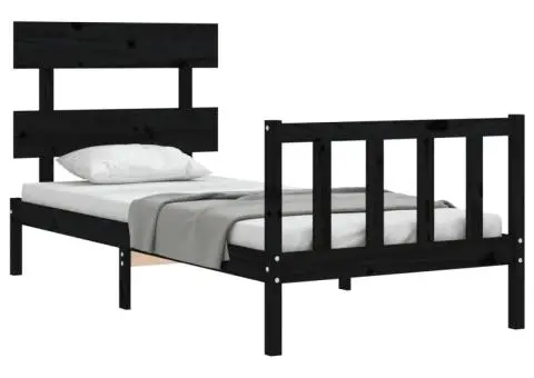 Cadru de pat cu tăblie Small Single, negru, lemn masiv - 4/5