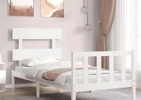 Cadru de pat cu tăblie single, alb, lemn masiv - 1/5