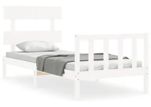 Cadru de pat cu tăblie single, alb, lemn masiv - 2/5