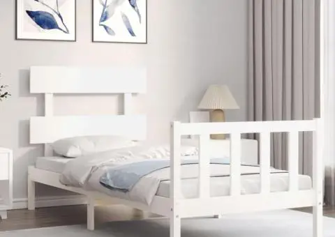 Cadru de pat cu tăblie single, alb, lemn masiv - 3/5