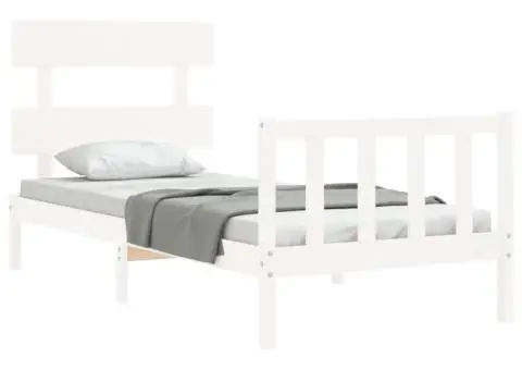 Cadru de pat cu tăblie single, alb, lemn masiv - 4/5