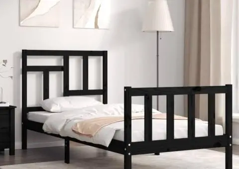 Cadru de pat cu tăblie single, negru, lemn masiv - 1/5