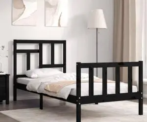 Cadru de pat cu tăblie single, negru, lemn masiv