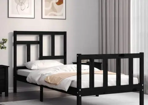 Cadru de pat cu tăblie single, negru, lemn masiv - 3/5
