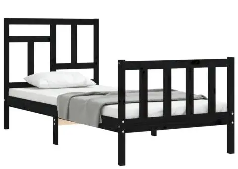 Cadru de pat cu tăblie single, negru, lemn masiv - 4/5