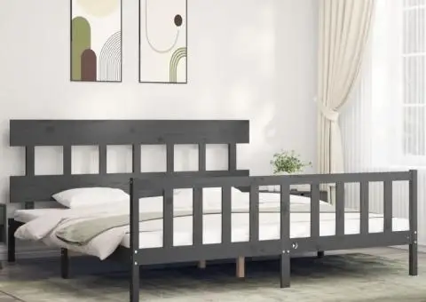 Cadru pat cu tăblie 200x200 cm, gri, lemn masiv - 1/5