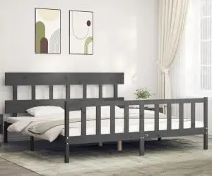vidaXL Cadru pat cu tăblie 200x200 cm, gri, lemn masiv