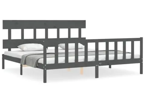 Cadru pat cu tăblie 200x200 cm, gri, lemn masiv - 2/5