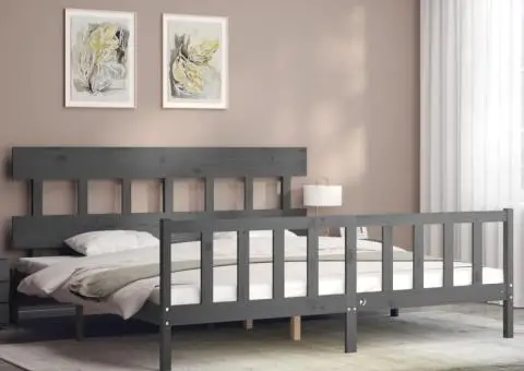 Cadru pat cu tăblie 200x200 cm, gri, lemn masiv - 3/5