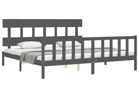 Cadru pat cu tăblie 200x200 cm, gri, lemn masiv - 4/5