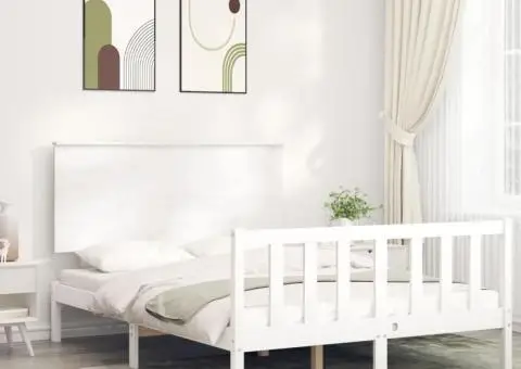 Cadru de pat cu tăblie dublu mic, lemn masiv - 1/5