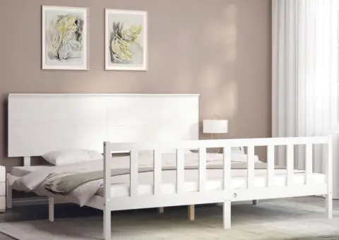 Cadru de pat fără saltea, alb, 200x200 cm, lemn masiv pin - 3/5