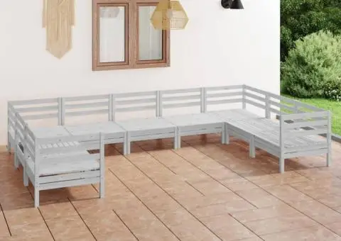 Set mobilier de grădină, 9 piese, alb, lemn masiv pin - 1/5