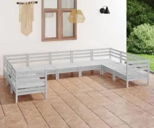 vidaXL Set mobilier de grădină, 9 piese, alb, lemn masiv pin
