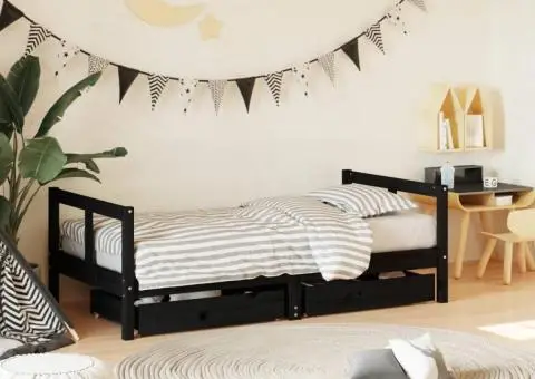 Cadru de pat copii cu sertare, negru, 80x160 cm, lemn masiv pin - 1/5