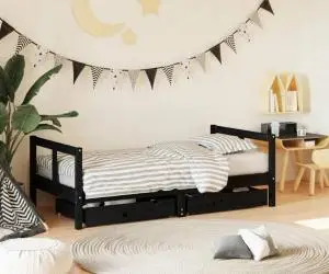 vidaXL Cadru de pat copii cu sertare, negru, 80x160 cm, lemn masiv pin