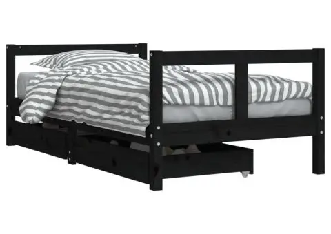 Cadru de pat copii cu sertare, negru, 80x160 cm, lemn masiv pin - 2/5