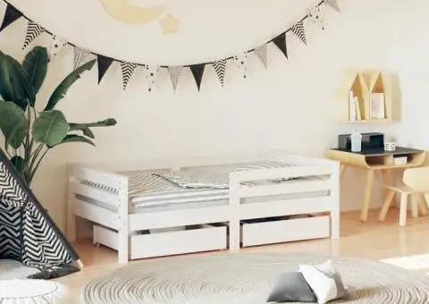 Cadru de pat copii cu sertare, alb, 70x140 cm, lemn masiv pin - 1/5