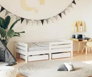 vidaXL Cadru de pat copii cu sertare, alb, 70x140 cm, lemn masiv pin
