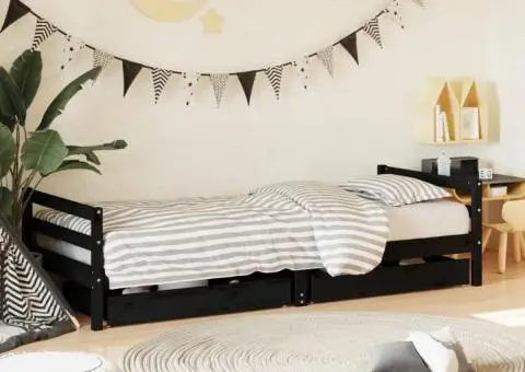 Cadru de pat copii cu sertare, negru, 90x200 cm, lemn masiv pin - 1/5