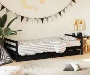 vidaXL Cadru de pat copii cu sertare, negru, 90x200 cm, lemn masiv pin