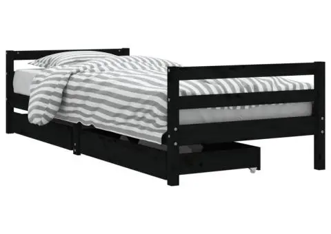 Cadru de pat copii cu sertare, negru, 90x200 cm, lemn masiv pin - 2/5