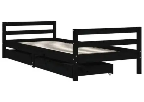 Cadru de pat copii cu sertare, negru, 90x200 cm, lemn masiv pin - 3/5