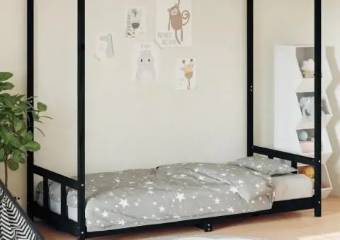 Cadru pat pentru copii, negru, 90x200 cm, lemn masiv de pin - 1/5