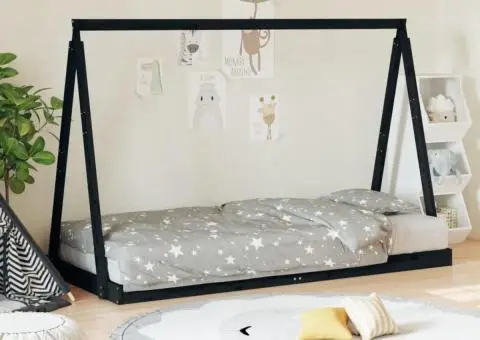 Cadru pat pentru copii, negru, 90x200 cm, lemn masiv de pin - 1/5