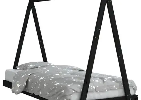 Cadru pat pentru copii, negru, 90x200 cm, lemn masiv de pin - 2/5