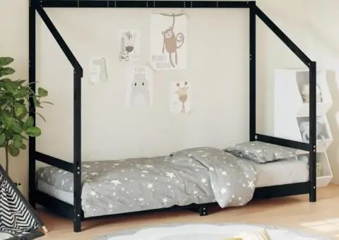 Cadru de pat pentru copii, negru, 80x200 cm, lemn masiv de pin - 1/5