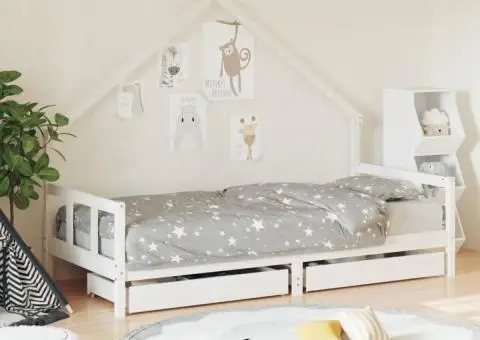 Cadru de pat cu sertare de copii, alb, 90x200 cm lemn masiv pin - 1/5