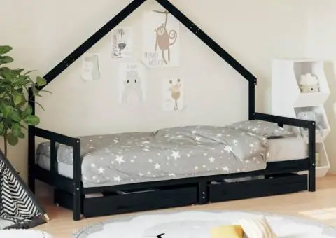 Cadru pat copii cu sertare, negru, 80x200 cm, lemn masiv de pin - 1/5