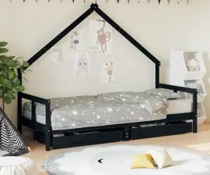 vidaXL Cadru pat copii cu sertare, negru, 80x200 cm, lemn masiv de pin