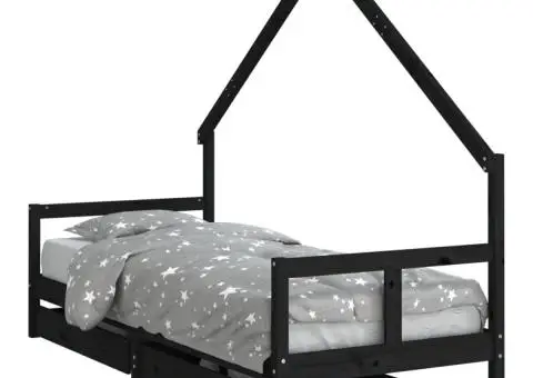 Cadru pat copii cu sertare, negru, 80x200 cm, lemn masiv de pin - 2/5