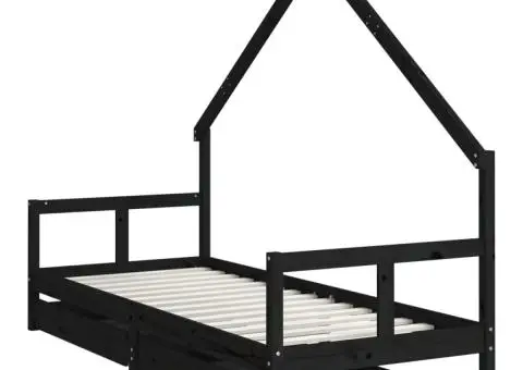 Cadru pat copii cu sertare, negru, 80x200 cm, lemn masiv de pin - 3/5