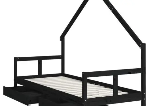 Cadru pat copii cu sertare, negru, 80x200 cm, lemn masiv de pin - 4/5