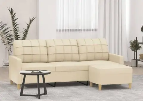 Canapea cu 3 locuri cu taburet, crem, 180 cm, material textil - 1/5