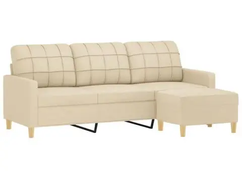 Canapea cu 3 locuri cu taburet, crem, 180 cm, material textil - 3/5