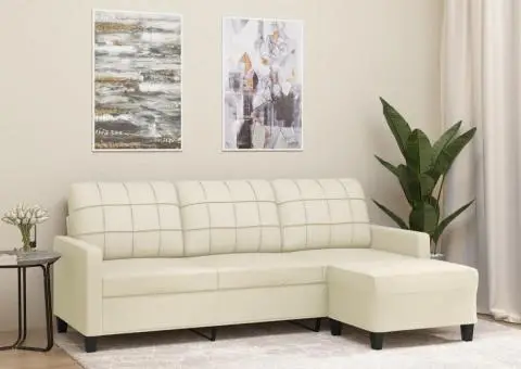 Canapea cu 3 locuri și taburet, crem, 180 cm, piele ecologică - 1/5