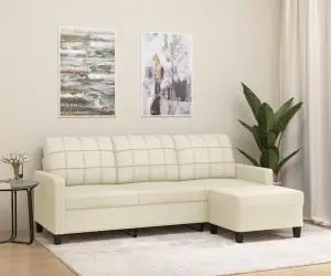 vidaXL Canapea cu 3 locuri și taburet, crem, 180 cm, piele ecologică