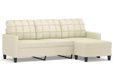 Canapea cu 3 locuri și taburet, crem, 180 cm, piele ecologică - 2/5