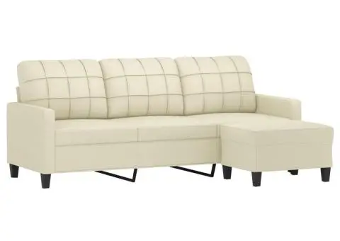 Canapea cu 3 locuri și taburet, crem, 180 cm, piele ecologică - 3/5