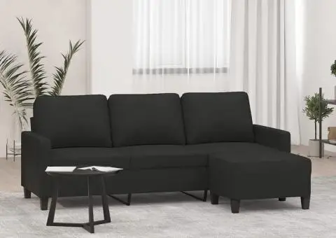 Canapea cu 3 locuri cu taburet, negru, 180 cm, material textil - 1/5
