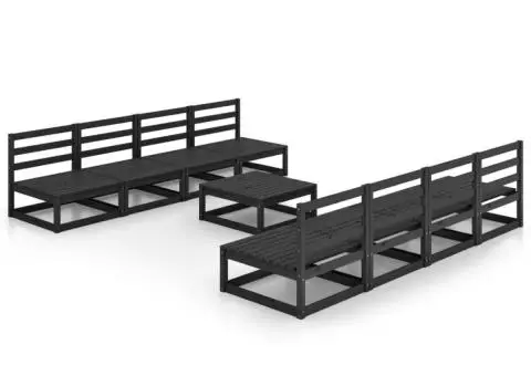 Set mobilier de grădină, 9 piese, negru, lemn masiv de pin - 2/5